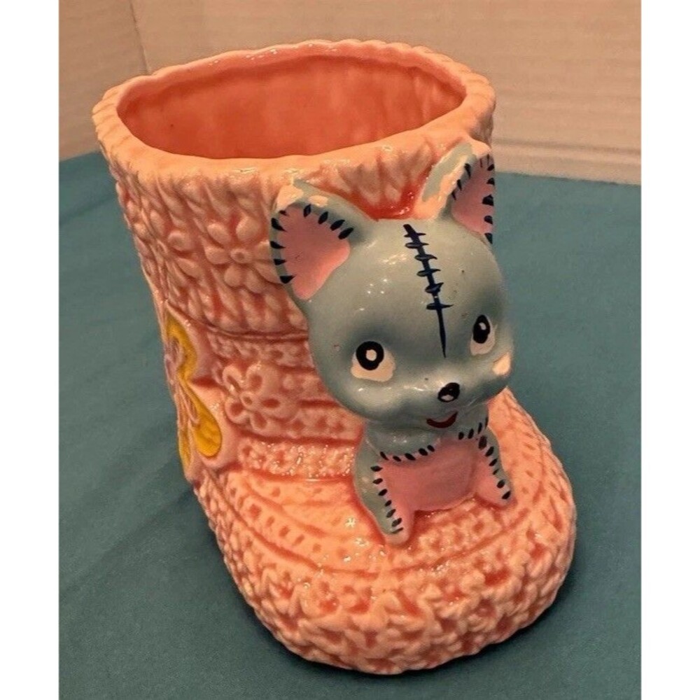 Vintage Napcoware Pink Baby Bootie Planter - Blue Mouse Nursery Decor C-9115